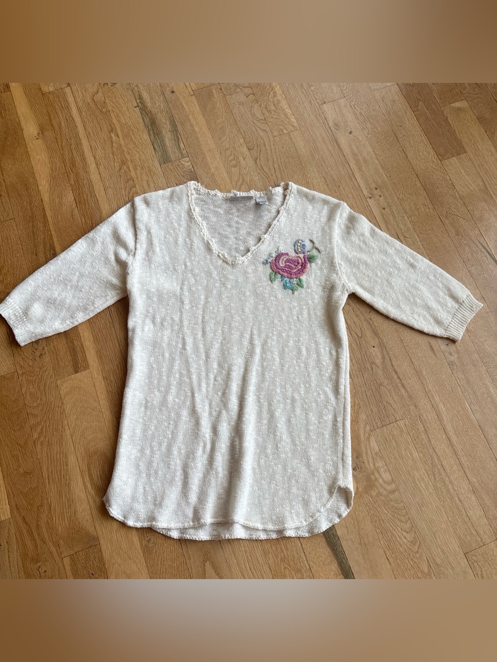 Vintage Beige Sweater Floral Embroidery 3/4 Sleeve Size Small